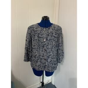 Vintage J Jill Button UP 3/4 Sleeve Jacket Large Blue Floral Tapestry Feminine